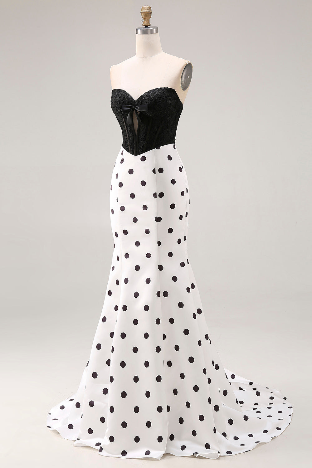 Black and White Polka Dots Sweetheart Mermaid Long Corset Prom Dress