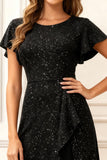 Black Round Neck Midi Glitter Holiday Party Dress with Sleeves