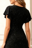 Black Round Neck Midi Glitter Holiday Party Dress with Sleeves