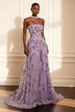 Purple Strapless A Line Floral Corset Long Prom Dress