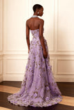 Purple Strapless A Line Floral Corset Long Prom Dress