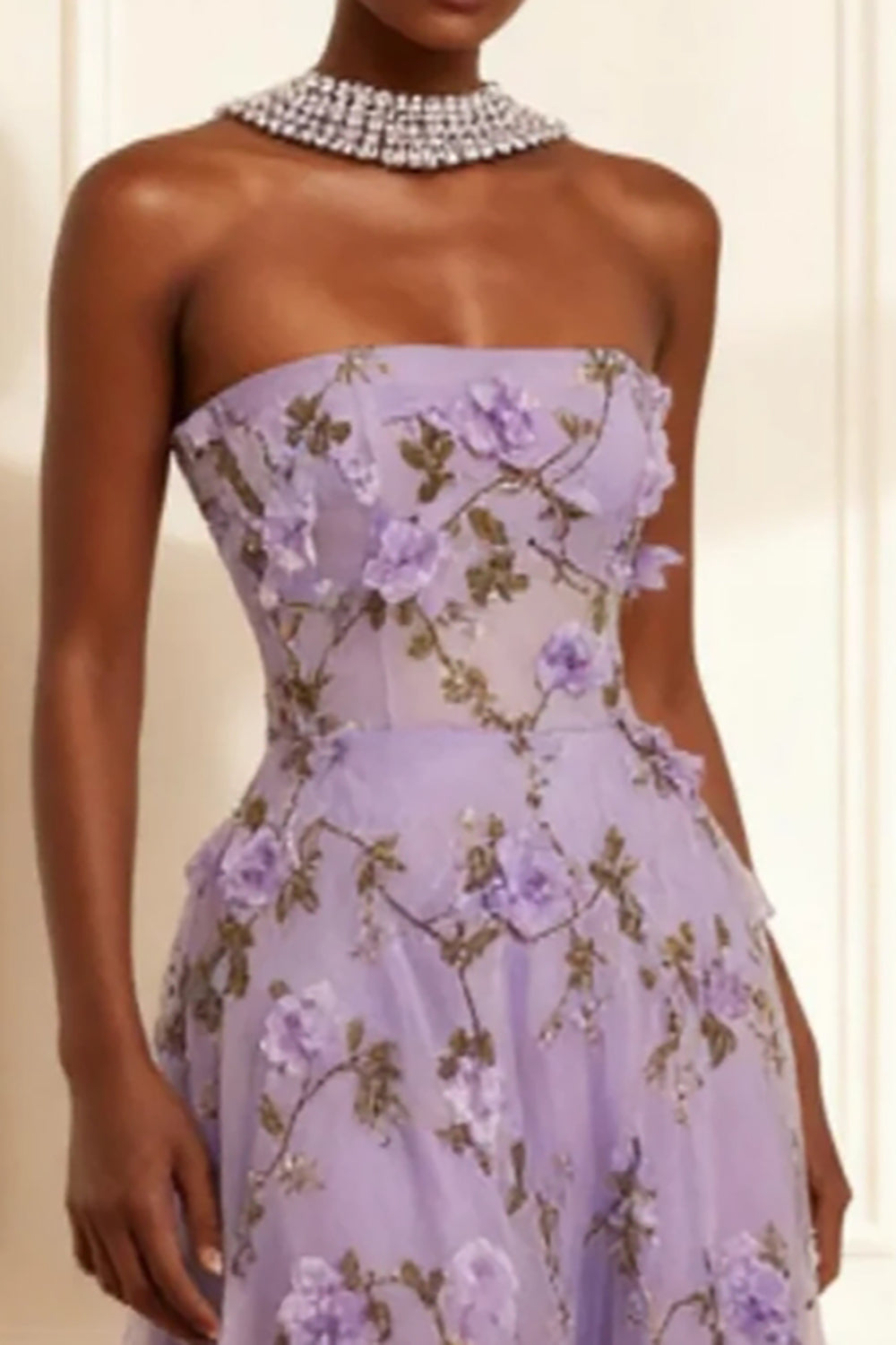 Purple Strapless A Line Floral Corset Long Prom Dress