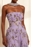 Purple Strapless A Line Floral Corset Long Prom Dress