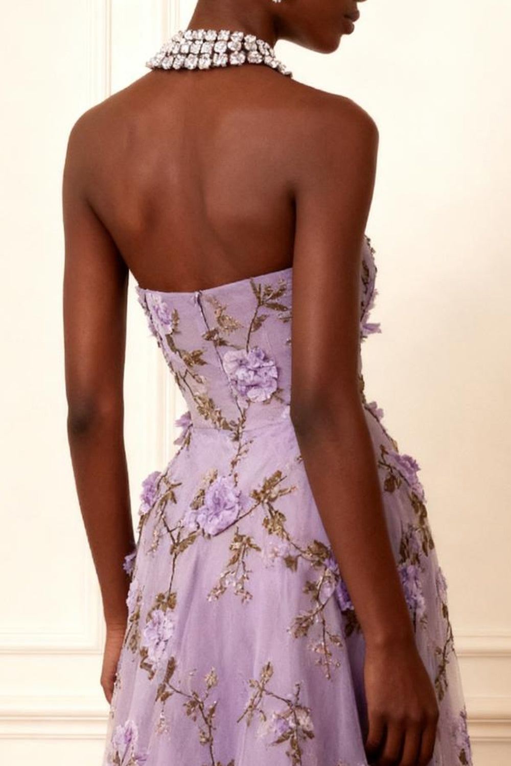 Purple Strapless A Line Floral Corset Long Prom Dress