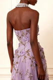 Purple Strapless A Line Floral Corset Long Prom Dress
