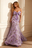 Floral Purple Mermaid Embroidery Long Prom Dress with Bow