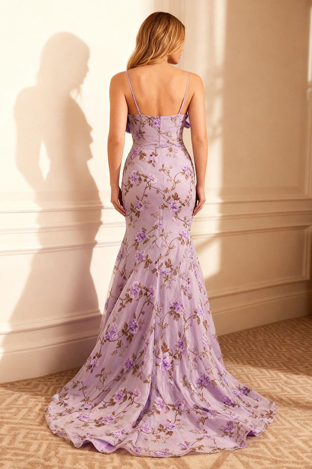 Floral Purple Mermaid Embroidery Long Prom Dress with Bow