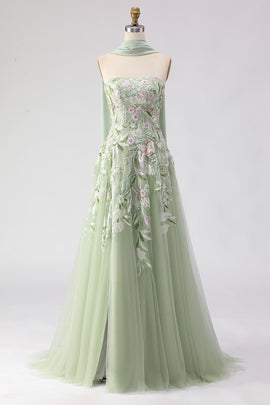 Floral Dusty Sage A Line Neck Scarf Tulle Long Prom Dress with Appliques