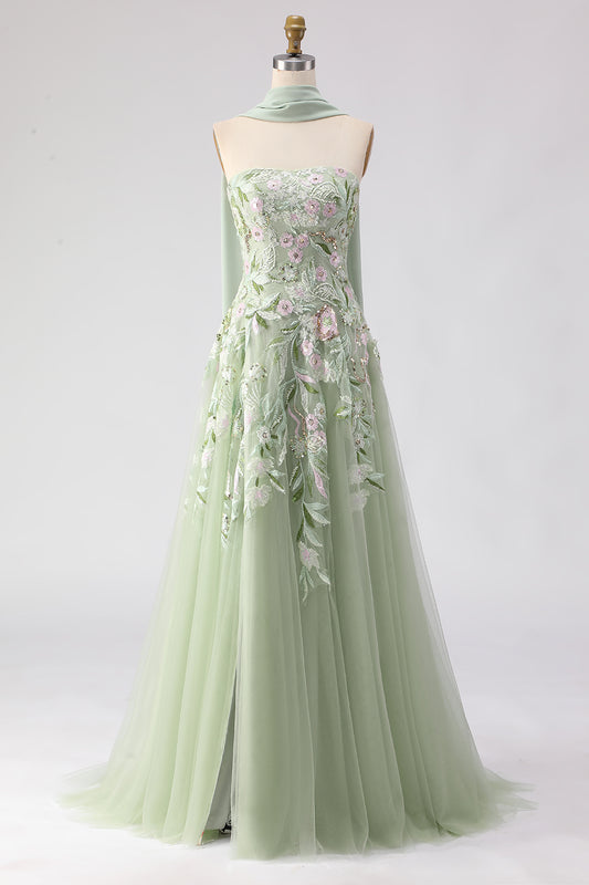 Floral Dusty Sage A Line Neck Scarf Tulle Long Prom Dress with Appliques