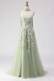 Floral Dusty Sage A Line Neck Scarf Tulle Long Prom Dress with Appliques