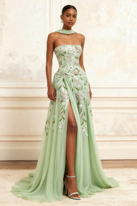 Floral Dusty Sage Tulle A Line Neck Scarf Long Prom Dress with Slit