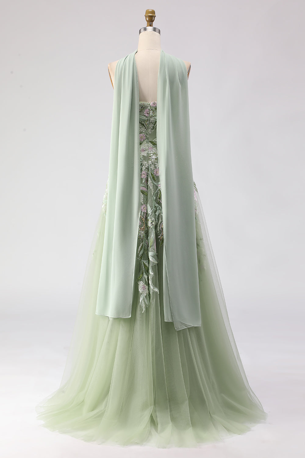 Floral Dusty Sage A Line Neck Scarf Tulle Long Prom Dress with Appliques