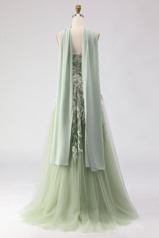 Floral Dusty Sage A Line Neck Scarf Tulle Long Prom Dress with Appliques
