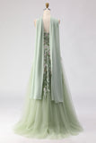 Floral Dusty Sage A Line Neck Scarf Tulle Long Prom Dress with Appliques