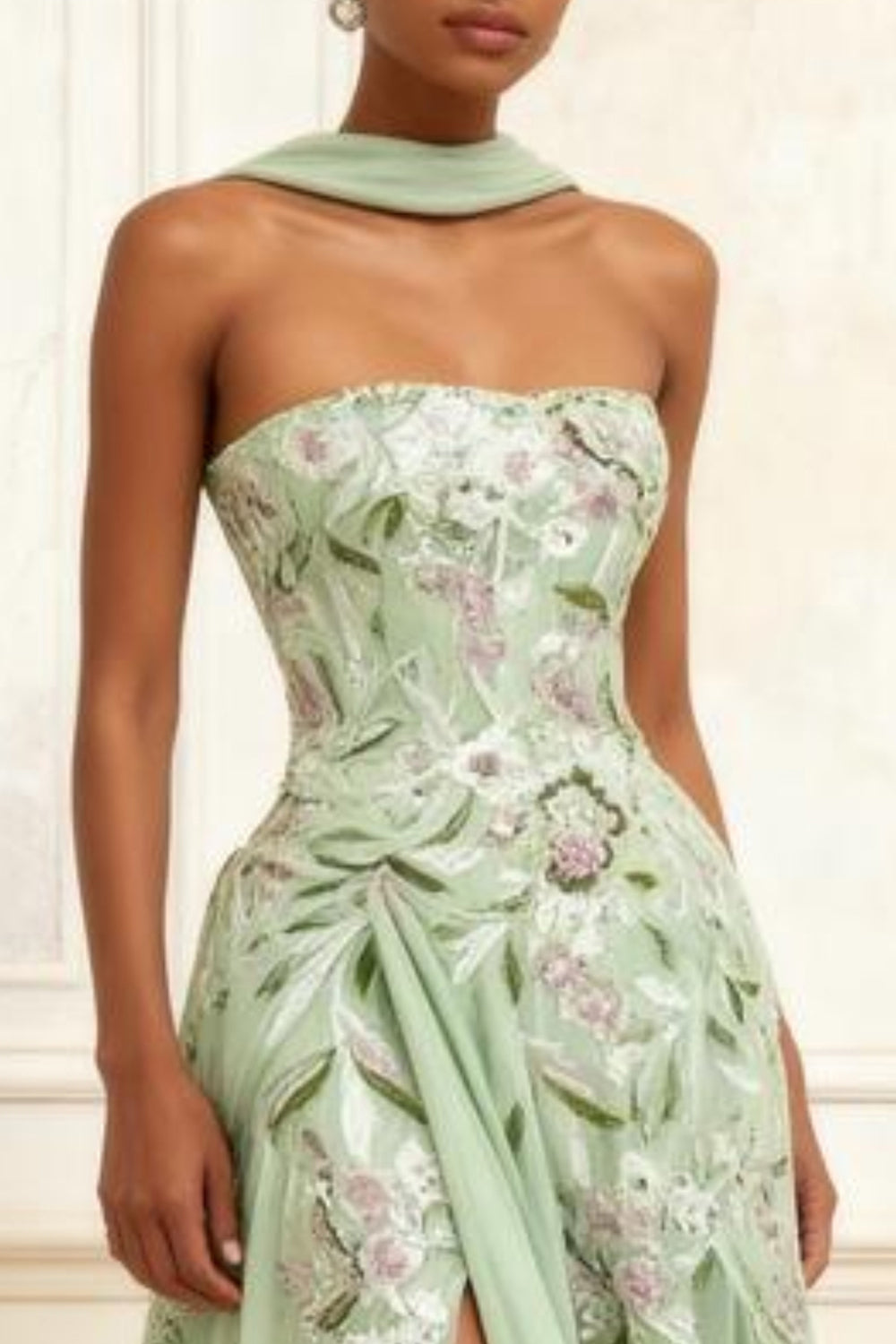 Floral Dusty Sage Tulle A Line Neck Scarf Long Prom Dress with Slit