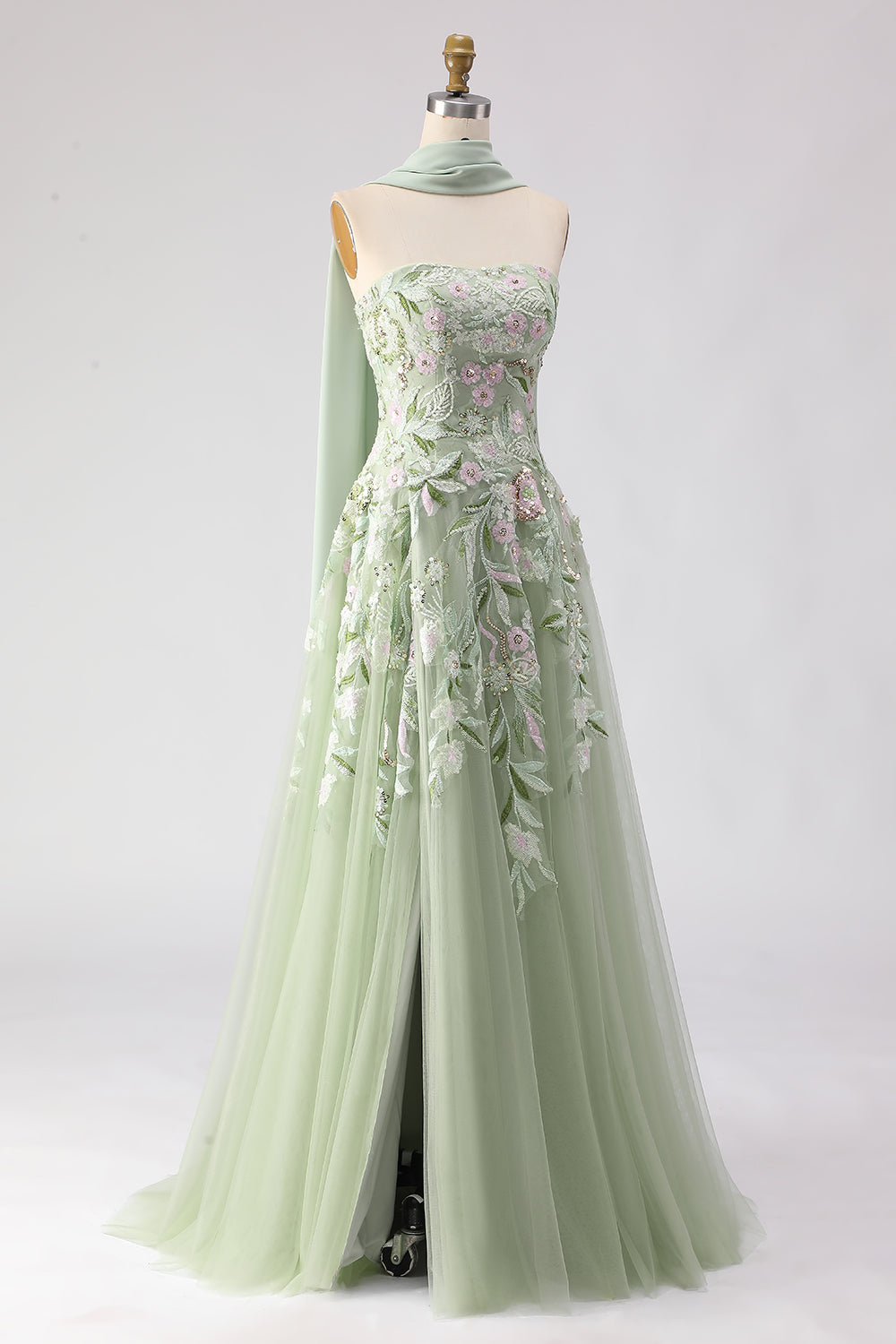 Floral Dusty Sage A Line Neck Scarf Tulle Long Prom Dress with Appliques