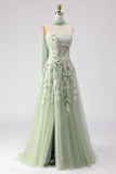 Floral Dusty Sage A Line Neck Scarf Tulle Long Prom Dress with Appliques