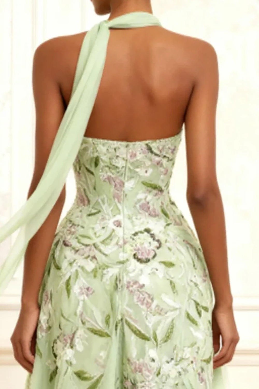 Floral Dusty Sage Tulle A Line Neck Scarf Long Prom Dress with Slit