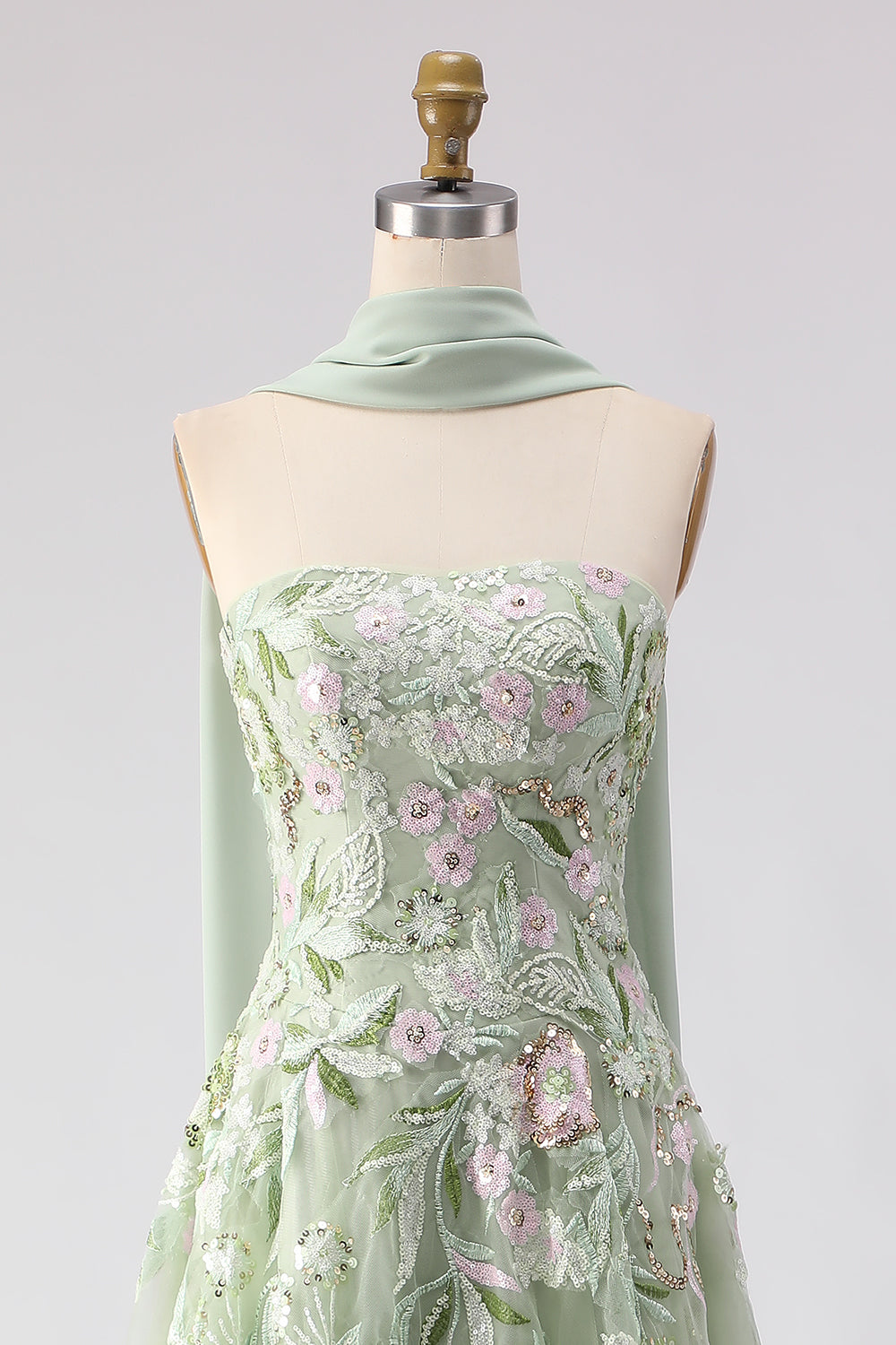 Floral Dusty Sage A Line Neck Scarf Tulle Long Prom Dress with Appliques