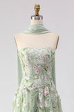 Floral Dusty Sage A Line Neck Scarf Tulle Long Prom Dress with Appliques