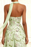 Floral Dusty Sage Tulle A Line Neck Scarf Long Prom Dress with Slit