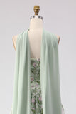 Floral Dusty Sage A Line Neck Scarf Tulle Long Prom Dress with Appliques