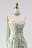 Floral Dusty Sage A Line Neck Scarf Tulle Long Prom Dress with Appliques
