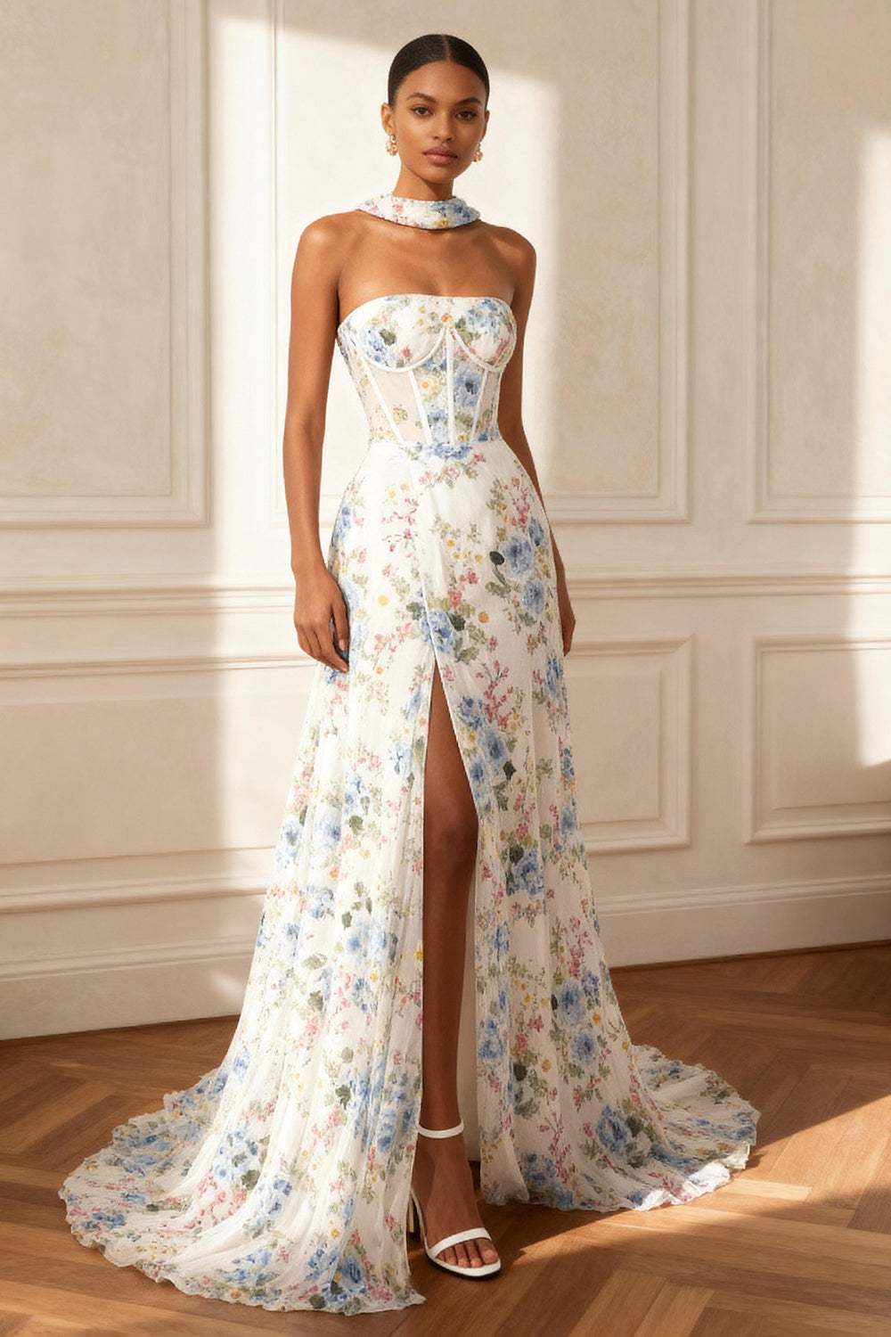 Floral White A Line Neck Scarf Long Corset Prom Dress with Slit