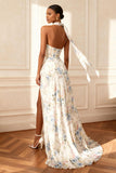 Floral White A Line Neck Scarf Long Corset Prom Dress with Slit