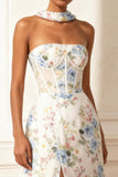 Floral White A Line Neck Scarf Long Corset Prom Dress with Slit