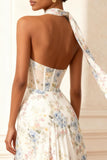 Floral White A Line Neck Scarf Long Corset Prom Dress with Slit