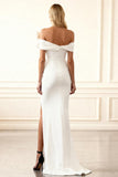 White Satin Mermaid Off The Shoulder Long Prom Dress with Bow