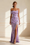 Floral Purple Mermaid Spaghetti Straps Long Prom Dress with Slit