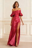 Rust Jacquard Sheath Off the Shoulder Long Prom Dress with Slit