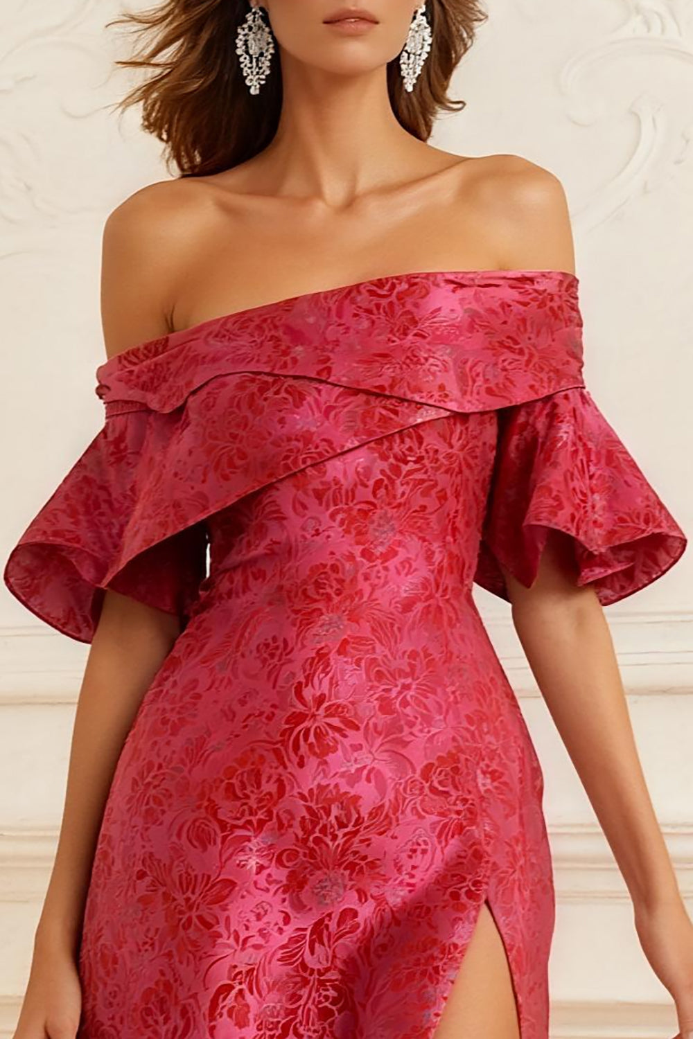 Rust Jacquard Sheath Off the Shoulder Long Prom Dress with Slit