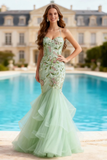 Dusty Sage Halter Neck Mermaid Floral Long Prom Dress