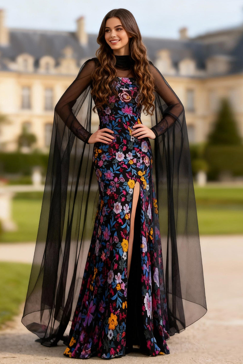 Black Floral Mermaid Long Sleeves Prom Dress with Slit