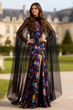Black Floral Mermaid Long Sleeves Prom Dress with Slit