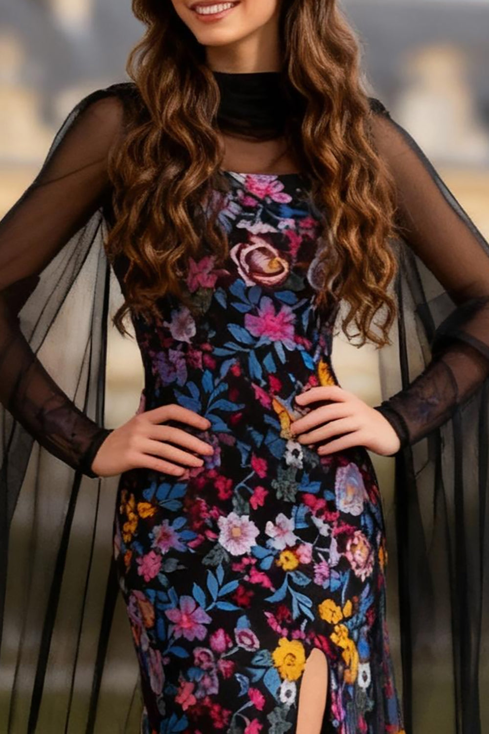 Black Floral Mermaid Long Sleeves Prom Dress with Slit