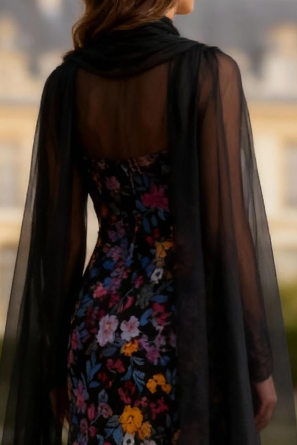 Black Floral Mermaid Long Sleeves Prom Dress with Slit