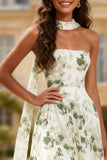 Dusty Sage Printed Floral Neck Scarf Long Prom Dress