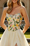 Champagne Strapless Floral A Line Long Prom Dress with Slit
