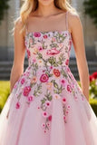 Sparkly Pink Floral Spaghetti Straps A Line Long Prom Dress
