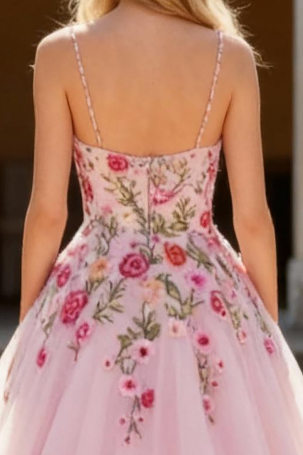 Sparkly Pink Floral Spaghetti Straps A Line Long Prom Dress