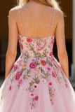 Sparkly Pink Floral Spaghetti Straps A Line Long Prom Dress