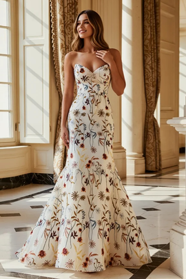 White Mermaid Floral Strapless Long Prom Dress