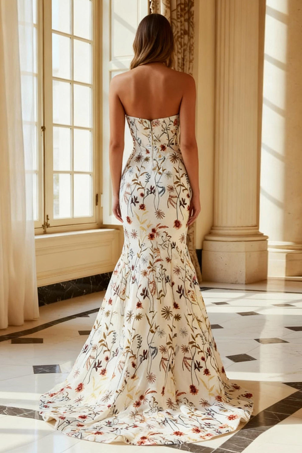 White Mermaid Floral Strapless Long Prom Dress