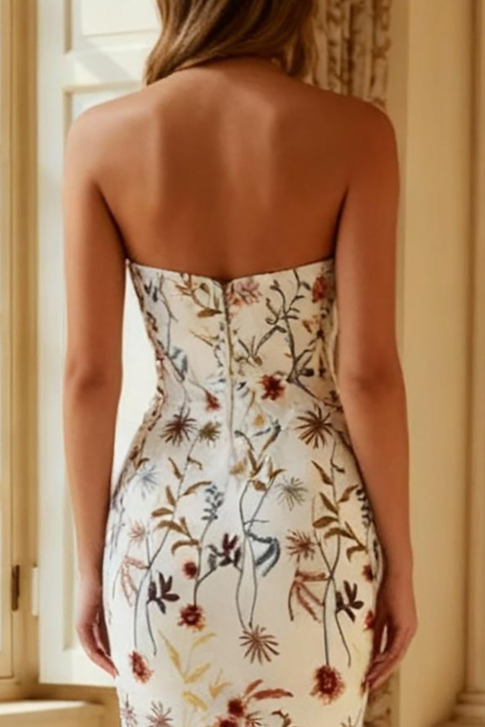 White Mermaid Floral Strapless Long Prom Dress