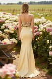 Champagne Spaghetti Straps Floral Mermaid Long Prom Dress