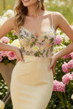 Champagne Spaghetti Straps Floral Mermaid Long Prom Dress